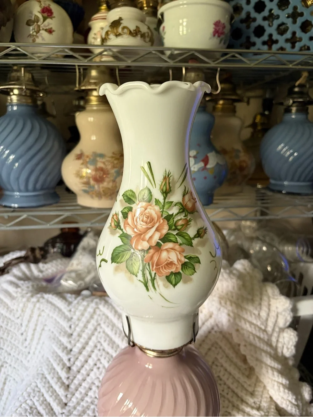 Vintage Pink Kadaan Oil Lamp with Milk Glass Chimney